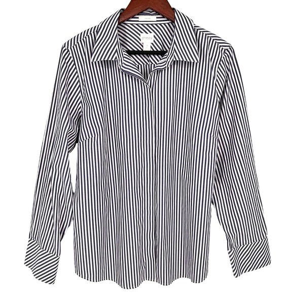 Chicos Sz 2 Large Gold Pin Stripe Metallic Blue Blouse Shirt Top Formal Dinner - Picture 1 of 10